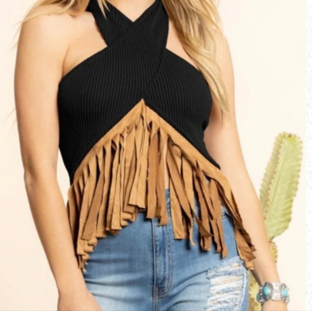 Black Ribbed Halter Top with Faux Suede Fringe